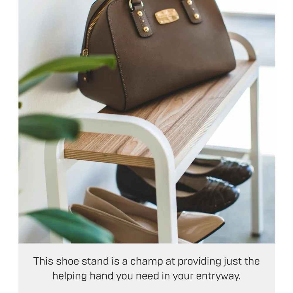 home tower shoe organizer rack with wooden top, storage table for entryway with handles, 18" - steel + wood - holds 4 pairs of