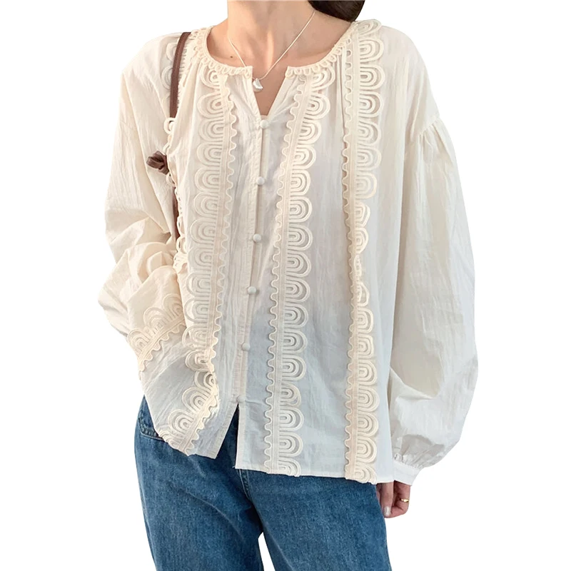 

QOERLIN Heavy Industry Quality O-Neck Long Sleeve Loose Casual Beige Shirts Single-Breasted Tops Blouse 2024 Spring Autumn New