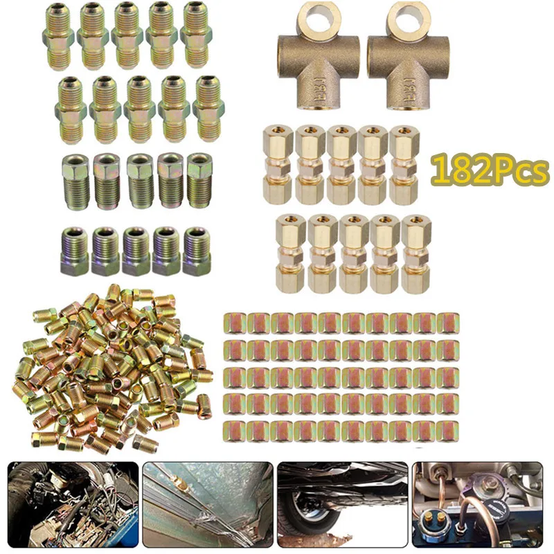 

182pcs Brake Hose Line Pipe Connectors Nuts Fittings Screw Male Female Kits 2 3 Way 10mm x 1mm 3/8" 7/16" Metric Nuts