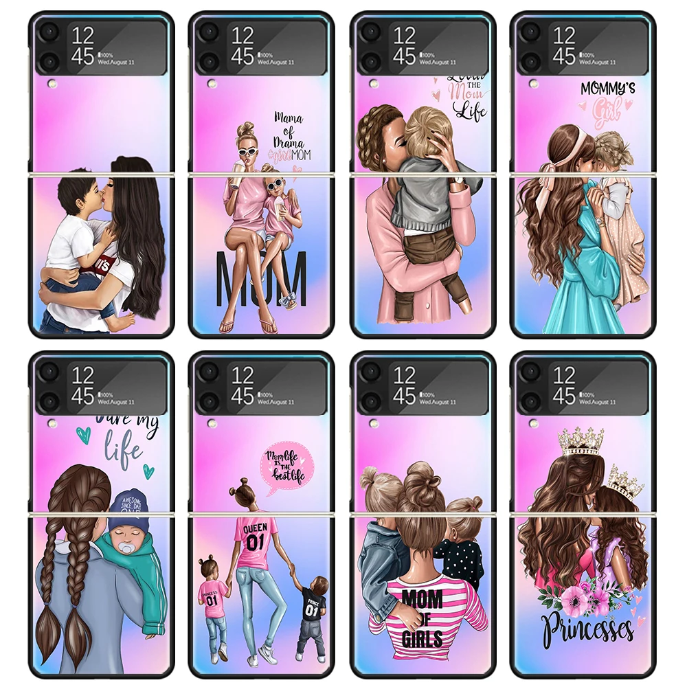Donna Fashion Girl Super Mom Baby Case Per Samsung Galaxy Z Flip 4 5 3 Z Flip5 Flip4 5G Hard Phone Cover Flip3 Split Pieghevole Bla