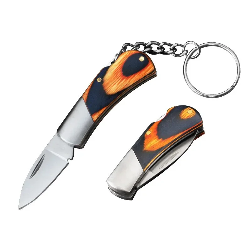 1PC Stainless Steel Outdoor Mini Folding Knife Self-defense Pendant Wooden Handle Fruit Knife Camping Portable Key Buckle Kawaii 2