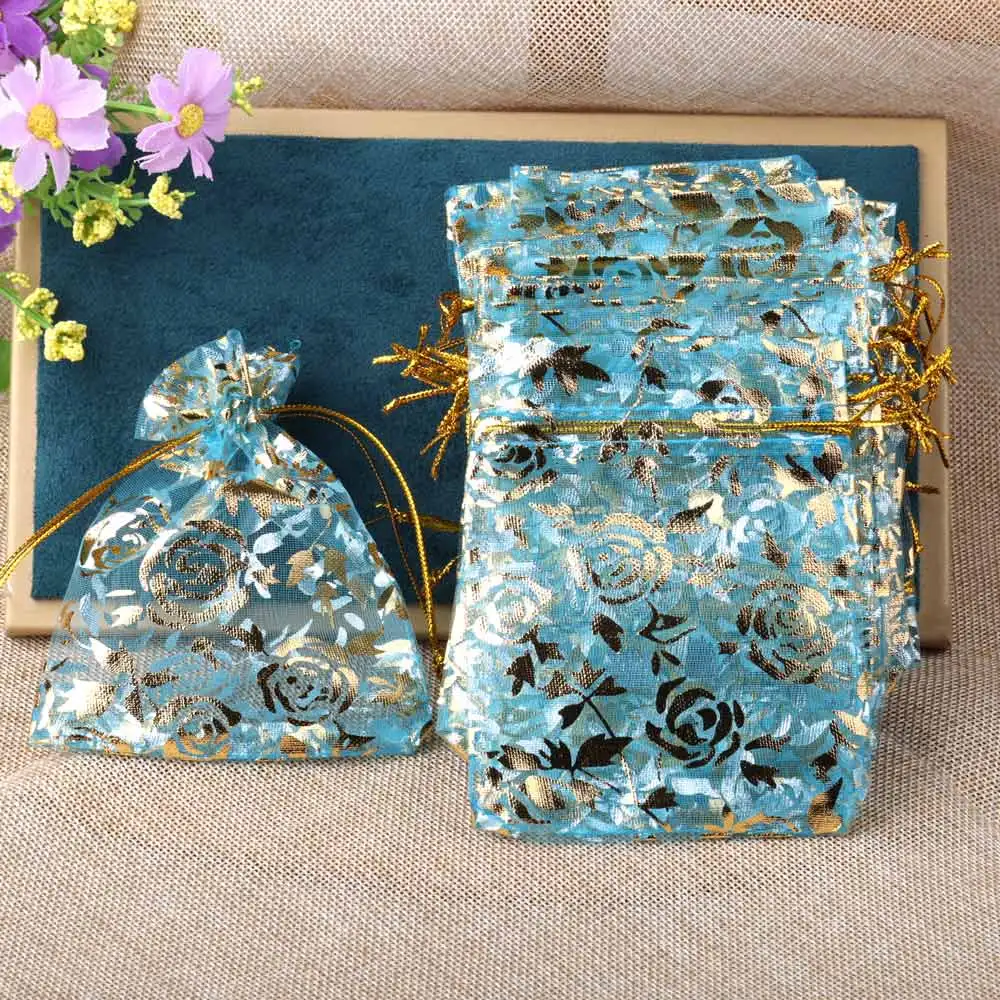 50pcs/lot Organza Drawstring Bag Colorful Hot Gold Color Rose Print Gifts Pouches Wedding Christmas Party Candy Jewelry Packing