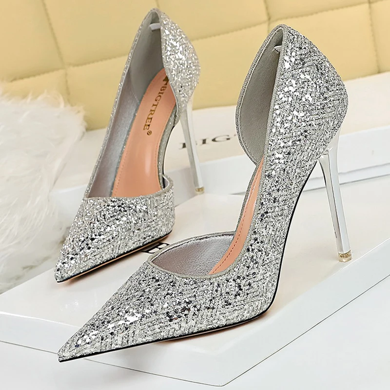 Shoes Sequins Women Pumps 2023 Spring Stiletto High Heels Sliver
