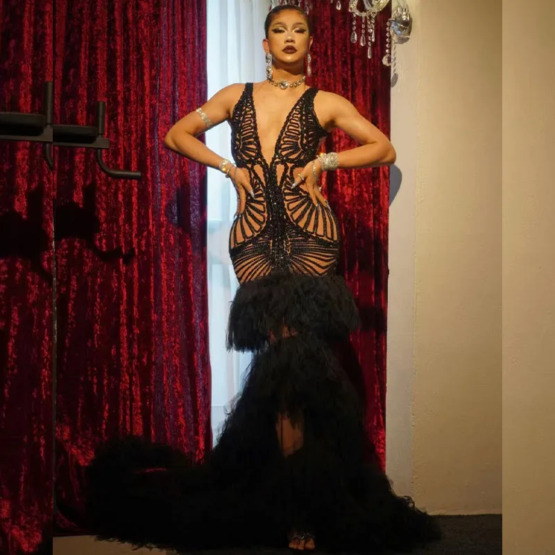 

Women Sexy Fashion Design Evening Celebrate Black Mesh Transparent Big Train Dress Birthday See Through Performance Dance Dress