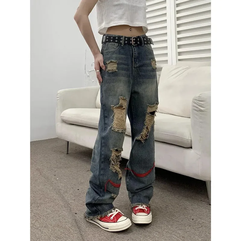 

Korean Fashion Women'S Spring Autumn Loose Thin Drape Wide-Leg Mopping Pants Black High-Waist Ripped Straight-Leg Classic Jeans