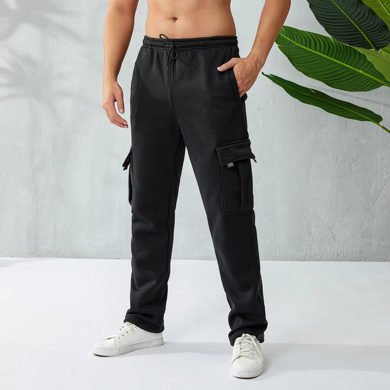 

Mens Loose Jogger Gym Heavy Weight Fleece Fashion Loose Solid Cargo Pocket Sweat Pants Drawstring Trousers Streetwear