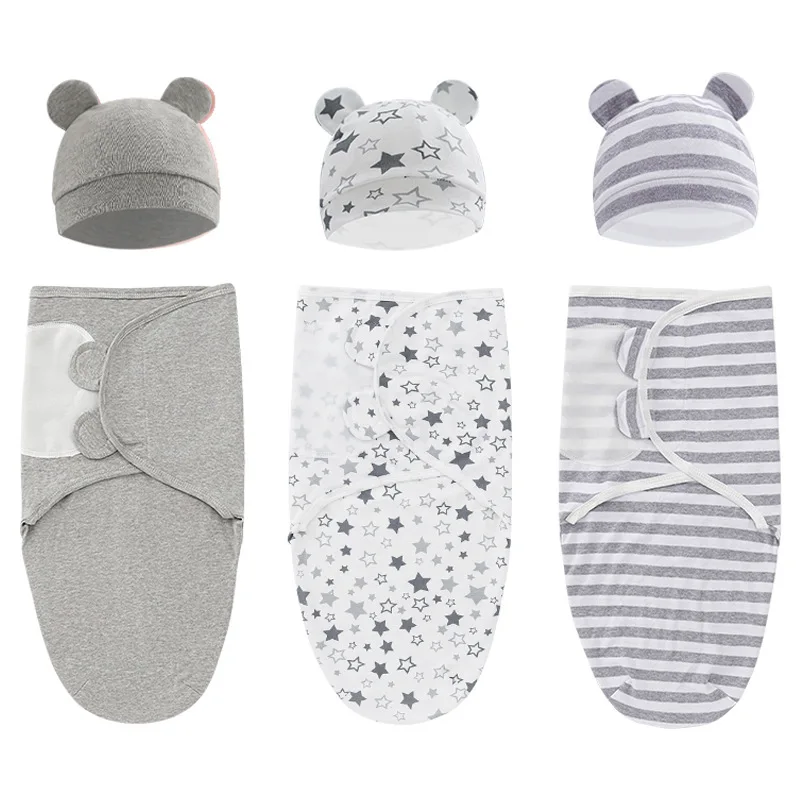 

100% Organic Cotton Sleepsack Baby Swaddle Wrap Hat Set for Infant Adjustable Newborn Sleeping Bag Bedding for 0-6 Month