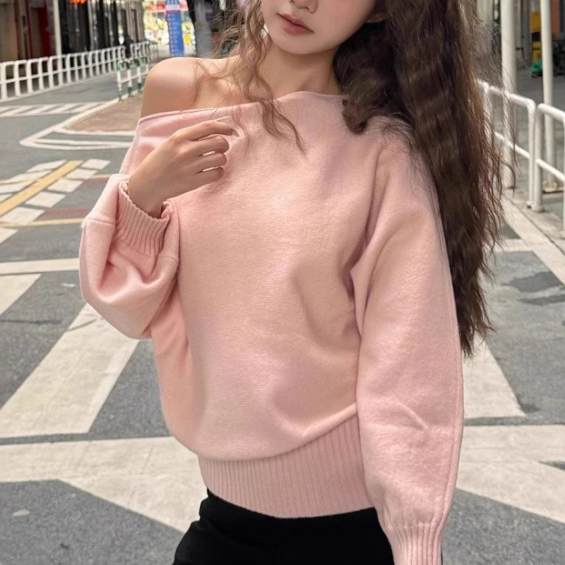 Batwing Long Sleeve Knitted Pullover Women 380g Thick Off Shoulder Top Korean Fashion Sweater Loose Casual Autumn Outwear Pull