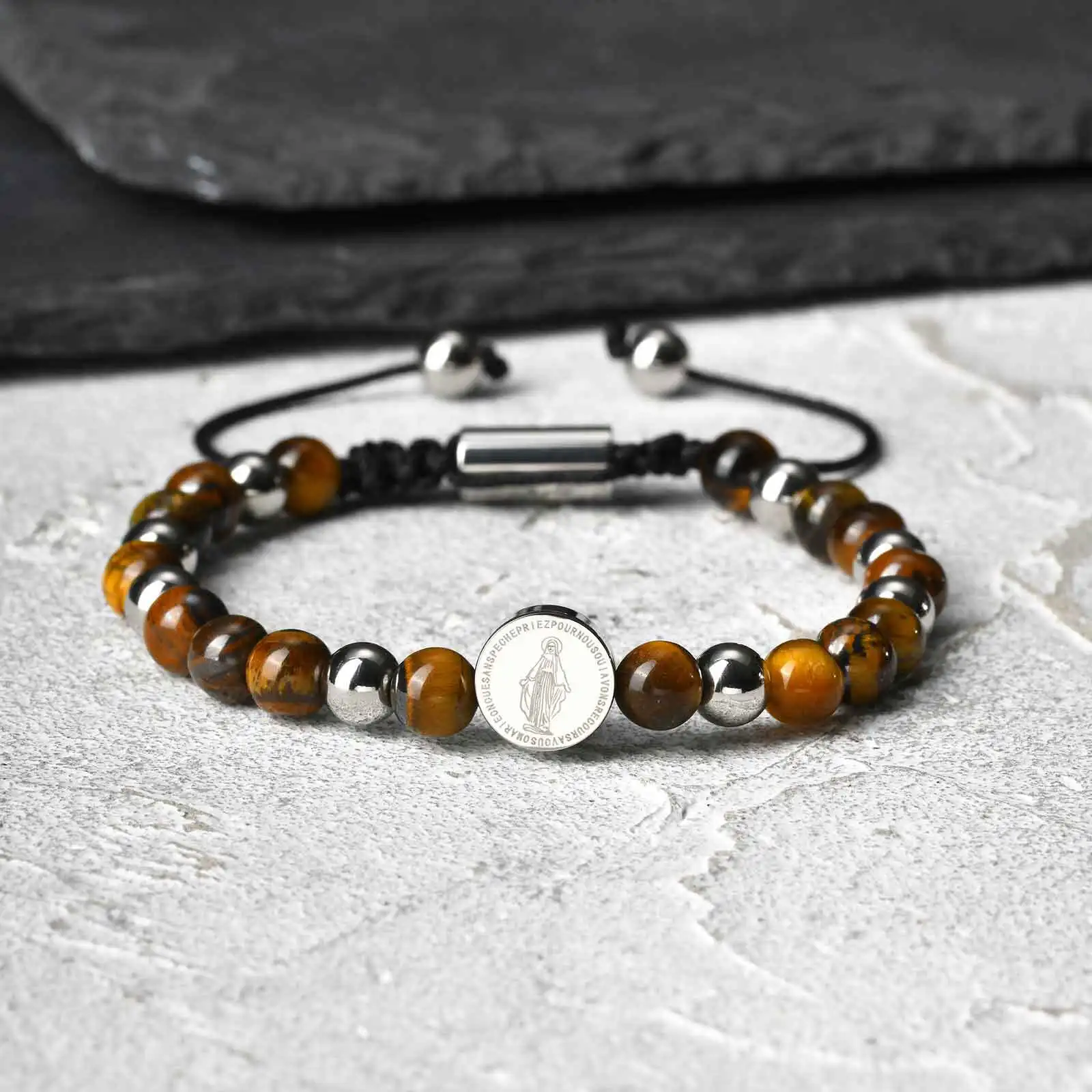 Virgin Mary Beaded Bracelets for Men Boys,Waterproof Stainless Steel Round Charms Wristband,Religious Prayer Jewelry Gift