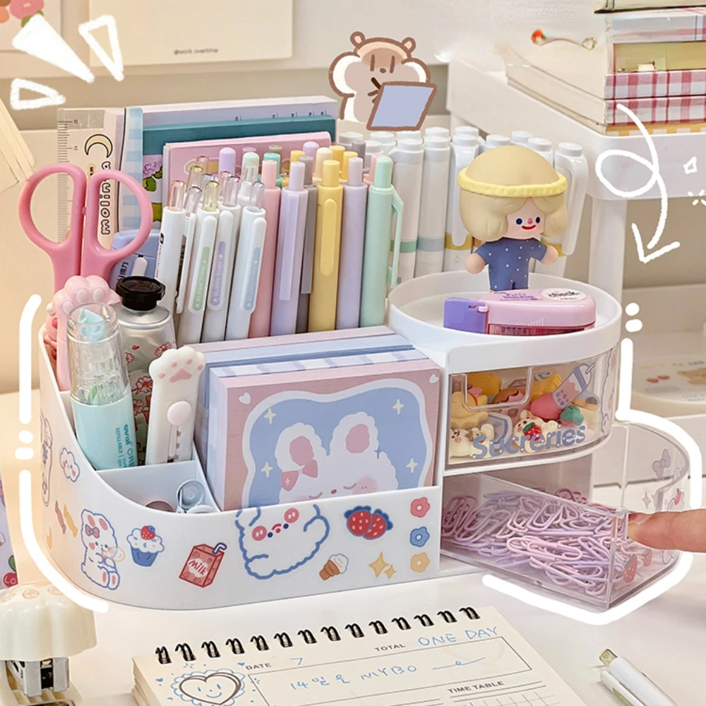 Cute Pen Holder Storage Organizer Boxes with Drawer Cosmetic Rack Kawaii  Desk Accessories Girls Office School Desktop Stationery