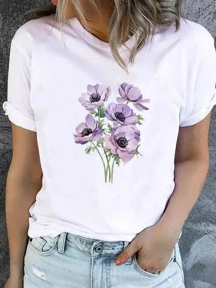 Flower Sweet Trend Cute 90s T-shirt Ladies Fashion Basic Women Graphic Short Sleeve Clothing Tee Top Clothes Print T Shirt