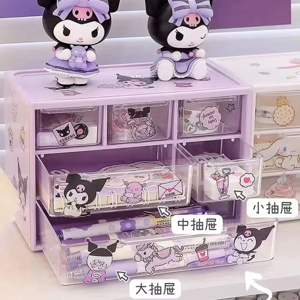 Sanrio Six Square Grid Storage Box Drawer Transparent Desktop Kuromi Melody Cinnamoroll Pochacco Pompurin Stationery Storage ﻿