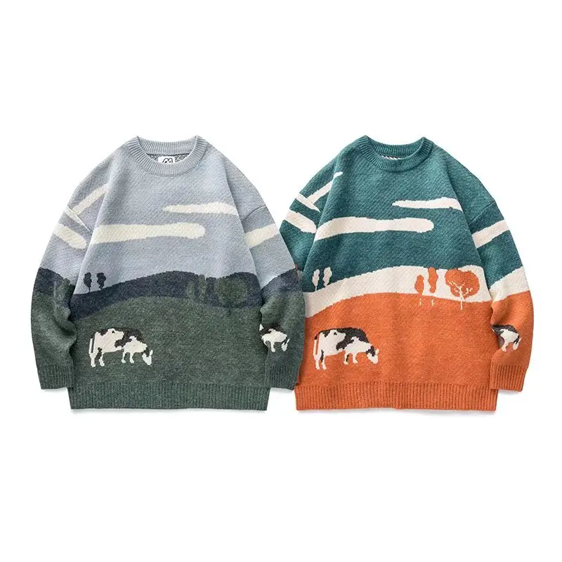 

Men Breathable Pullovers Warm Daily Casual O-neck Animal Print Long Sleeves Cotton Thin Men Sweater Y2K Men's winter sweater