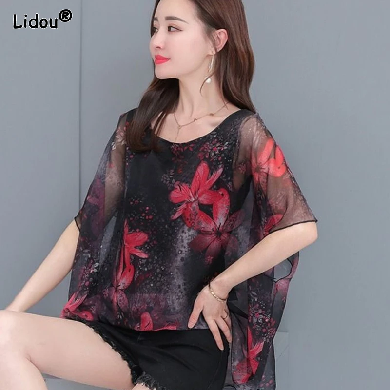 

Korean Fashionable Loose Pullovers Fake Two Pieces Blouses Summer Thin Printing Round Neck Chiffon Women's Clothing 2023 Tops