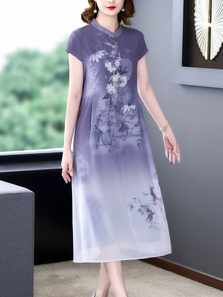 

Summer Green Floral Chiffon Vintage Midi Cheongsam Dress Women Korean Elegant Dresses 2023 New Fashion Bodycon Party Night Dress