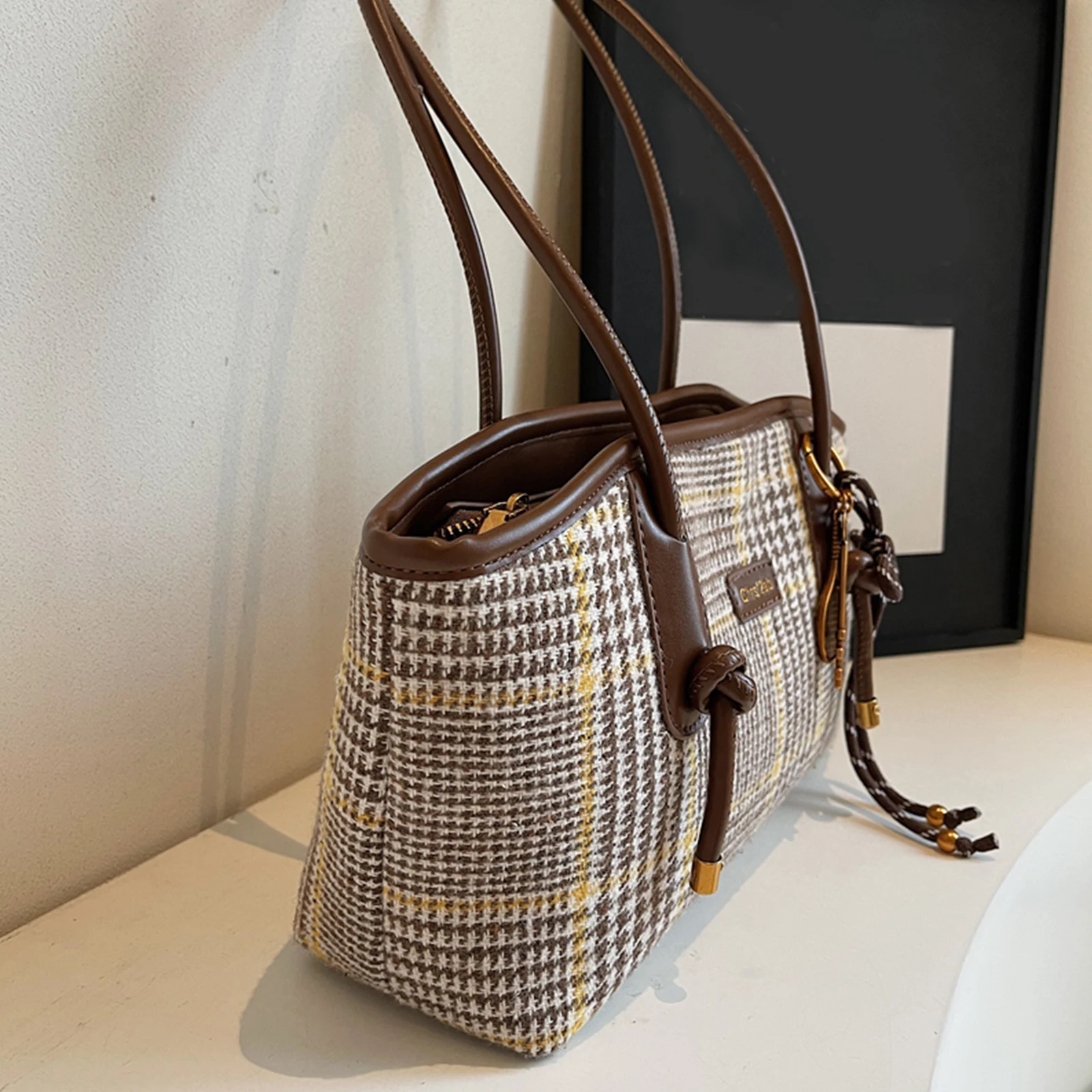 Women Woolen Shoulder Bag Large Handbag Trendy Underarm Bag with Pendant for Work Shopping Travel Daily