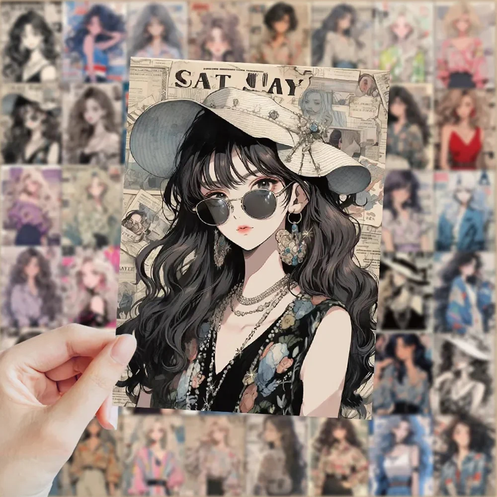 Pack of Vintage Anime Girls Waterproof Stickers – Decorative Retro Kawaii Decals for Laptop, Stationery, and Diary
