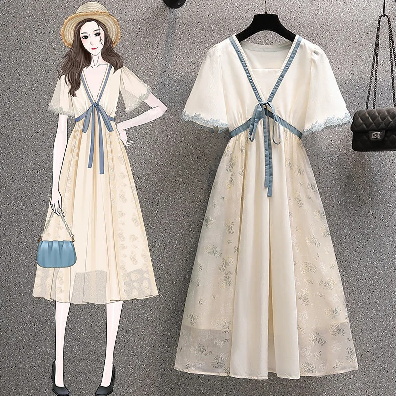 

Plus Size Women's Lace V-neck Dresses Women Summer New Short Sleeve Chiffon Sweet Thin Korean Dress Fashion Floral Print Vestido