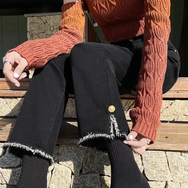 Large Size Black Plus Fleece Jeans Smoke Pipe Straight Women Winter New ...