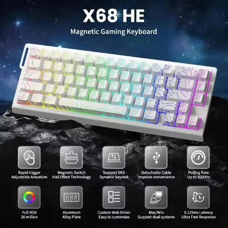 X68 HE 래피드 트리거 키보드 8000Hz 마그네틱 0.01mm RT 정확도 유선 인체공학적 게이밍 e스포츠 키보드 윈도우 맥OS 호환