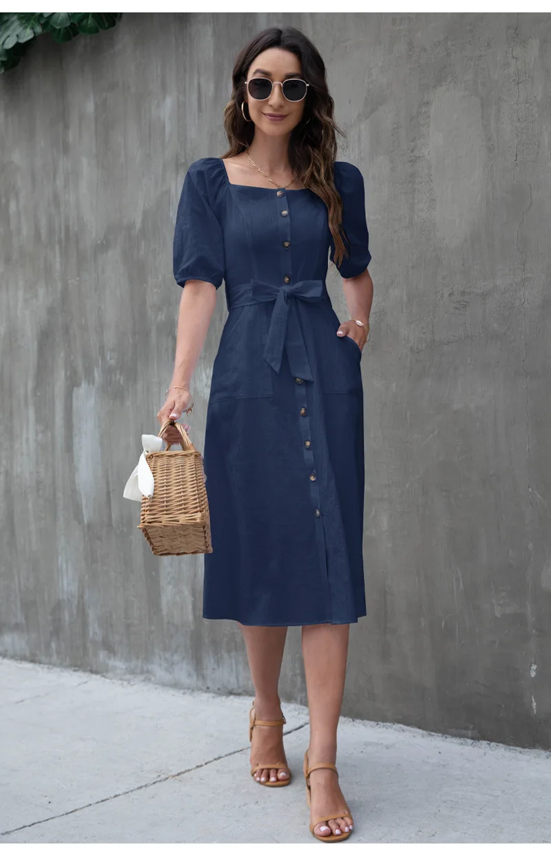 

Lantern sleeve high waist breasted casual medium skirt solid color dress