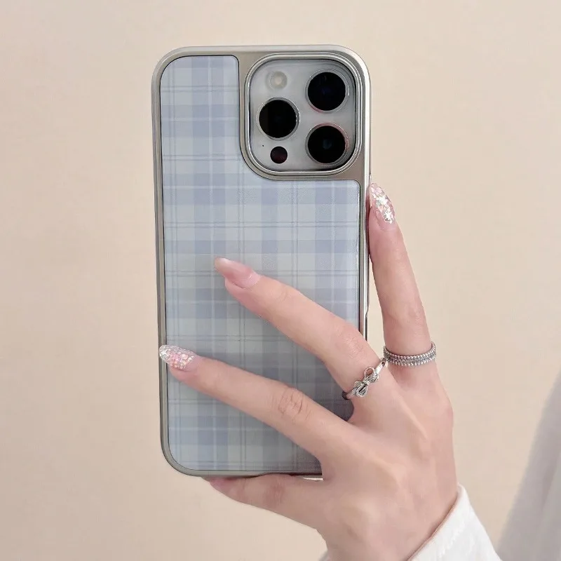 Retro Blue Sky Plaid Silver Edge TPU Anti-Drop Phone Case