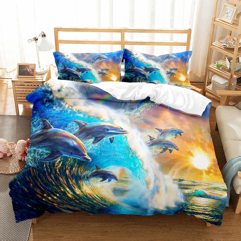 Big Pike Fish Duvet Cover With 2 Pillowcases,Striped Bass Big Fish Eat  Small Fish Pattern Fishing Bedding Set.