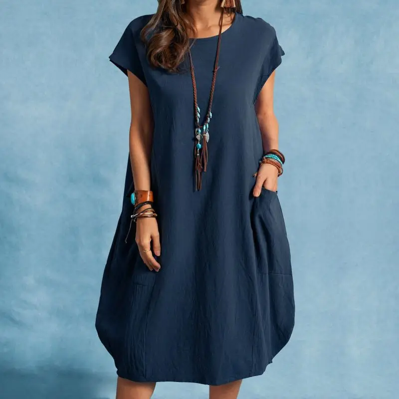 Spring and Summer Europe and the United States Amazon stand alone ebay cotton linen loose casual pure color pocket dress ladies 6