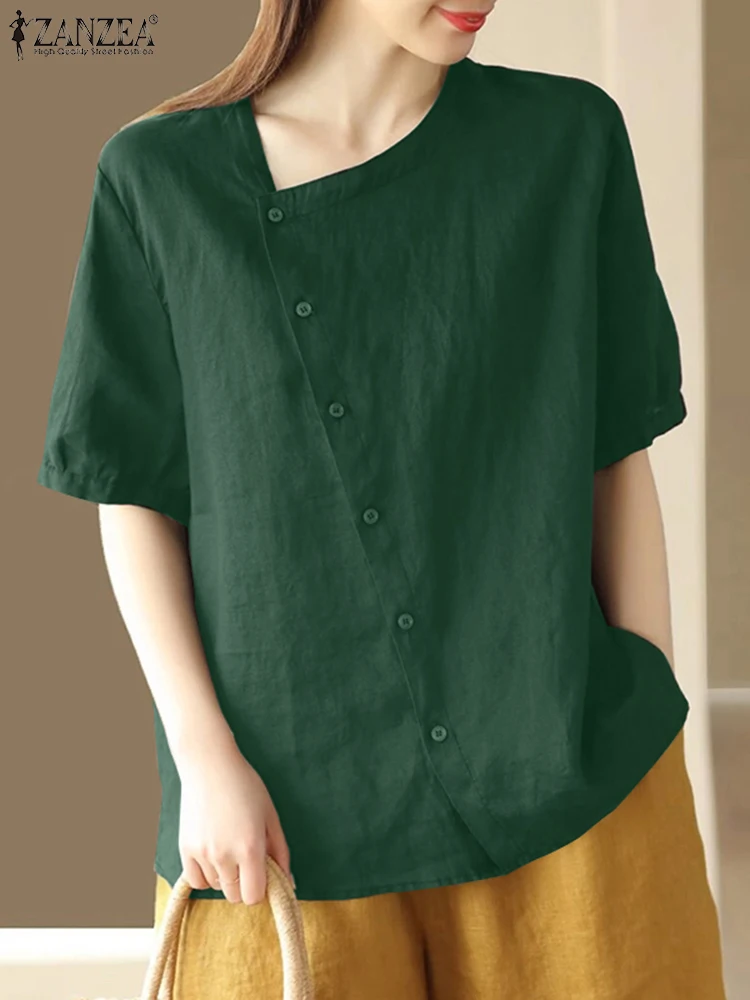 

Блузка ZANZEA женская с коротким рукавом, винтажная однотонная хлопковая рубашка, повседневный топ на пуговицах, туника, рабочая одежда, на лето