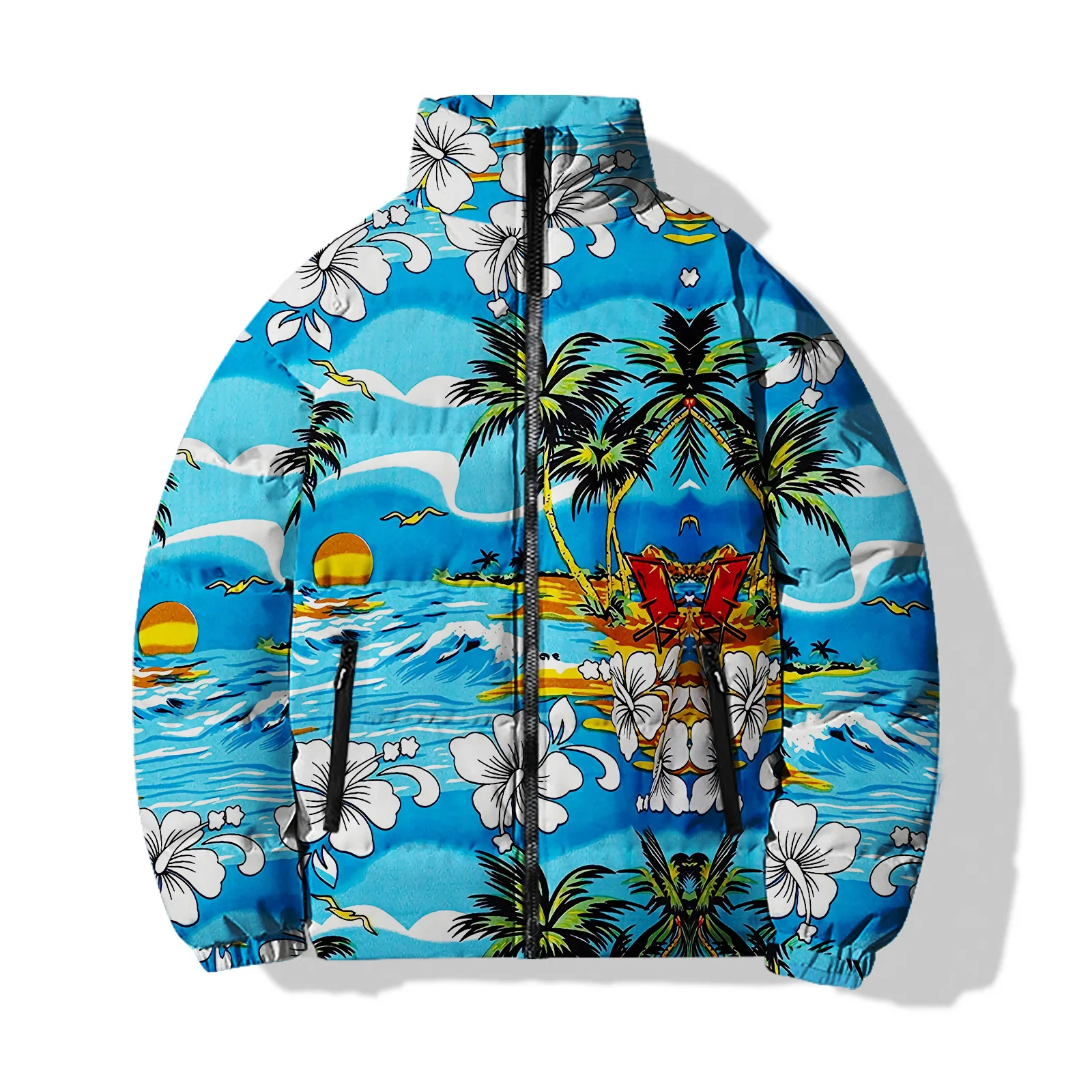 thumbnail image 2 of Abrigo de hombre con diseño de árbol de coco, chaquetas de invierno a la moda para hombre 2024, cálidas rosas, frescas, nuevas en abrigos de plumón, flores con impresión 3D de alta calidad, 2 of 5