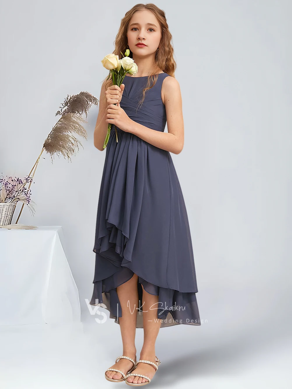 One Shoulder Asymmetrical Junior Bridesmaid Dresses Stormy