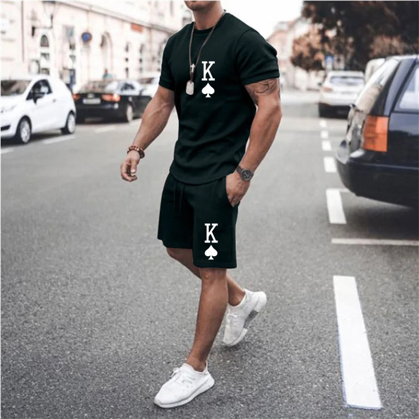 Summer New Men's T-Shirt + Shorts 2-Piece Set Of Crown King 3D Printing Oversized Casual Street Harajuku Hip-Hop Retro Round Nec