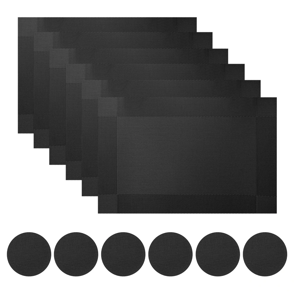 Elegant Black Woven Vinyl Placemats and Coasters Set - Non-Slip, Washable Dining and Kitchen Table Accents (Set of 6)