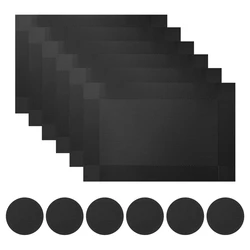 Elegant Black Woven Vinyl Placemats and Coasters Set - Non-Slip, Washable Dining and Kitchen Table Accents (Set of 6) - 30x45cm (Black)