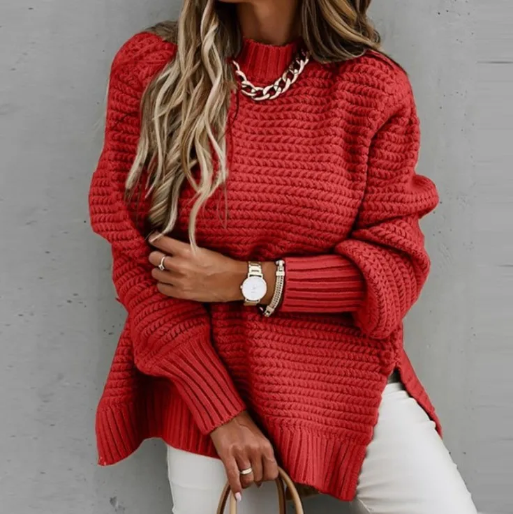 

Women's Sweater 2023 Autumn Fashion Long Sleeve Mock Neck Split Hem Casual Plain Rib-Knit Daily Loose Pullover Sweater