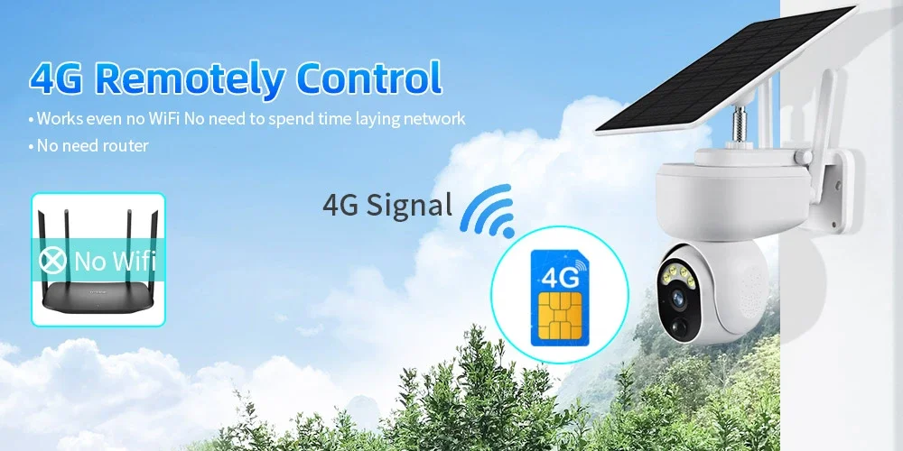 4MP 4G LTE Solar Camera Outdoor WiFi Security Camera PTZ Auto Tracking Color Nig