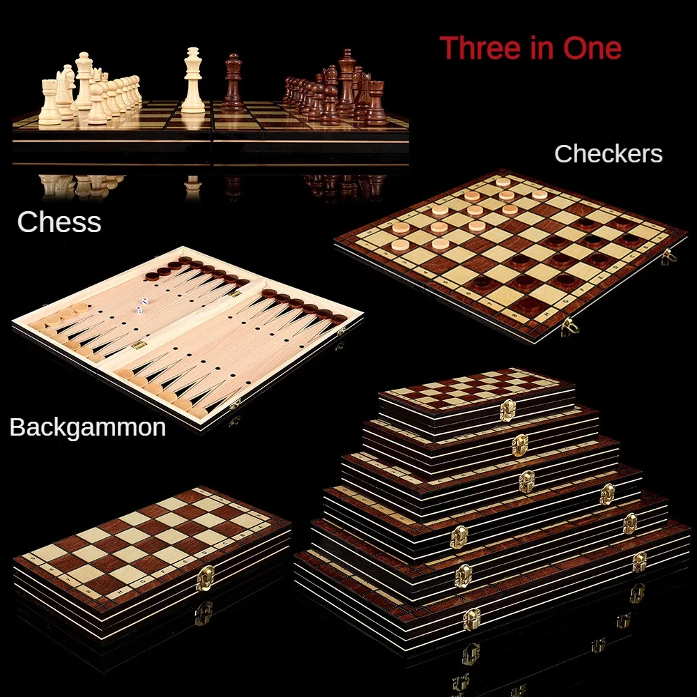 Board Game Wooden Chess Foldable Chess Board Table Games Folding Chess Board Chess Pieces and Board Three-In-One Foldable Wooden Chess Backgammon Checkers