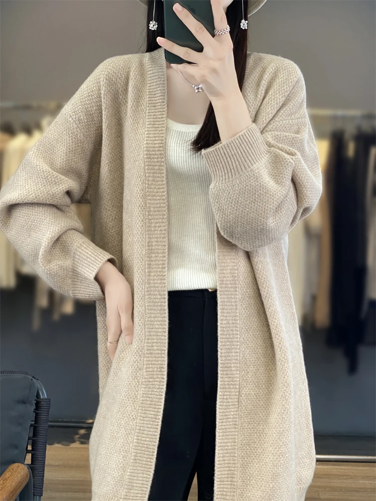 ADDONEE Women Long Cardigan Autumn Winter Cashmere Sweater Casual Loose Style Coat 100% Merino Wool Knitwear Korean Fashion Tops 6