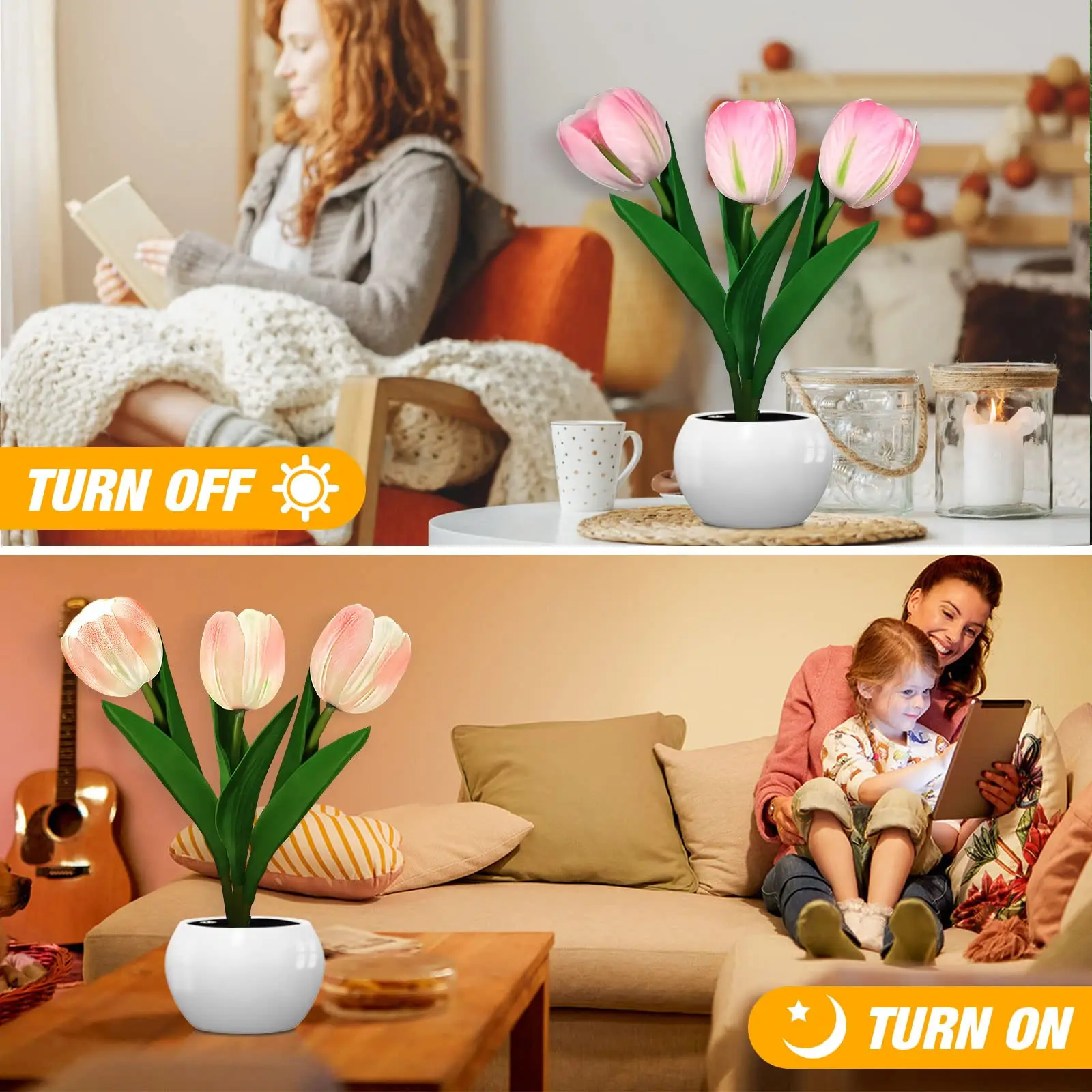 LED Tulip Night Light Simulation Flower Table Lamp Home Decoration Atmosphere Lamp Romantic Potted Gift for Office/Room/Bar/Cafe 2