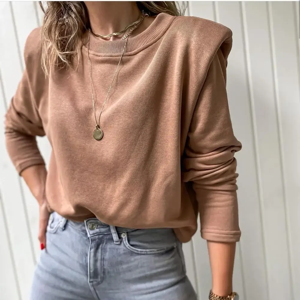 Winter Women Hoodie Round Neck Shoulder Pads Velvet Warm Sweatshirts Fall Female New Long Sleeve Loose Hoodies Solid Casual Tops