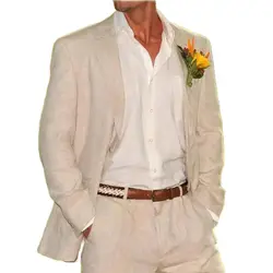Summer Beige Linen Men Suits 2 Piece Formal Notch Lapel Handsome Gentleman Wedding Tuxedo Smart Casual Male Suit (Blazer+Pants)