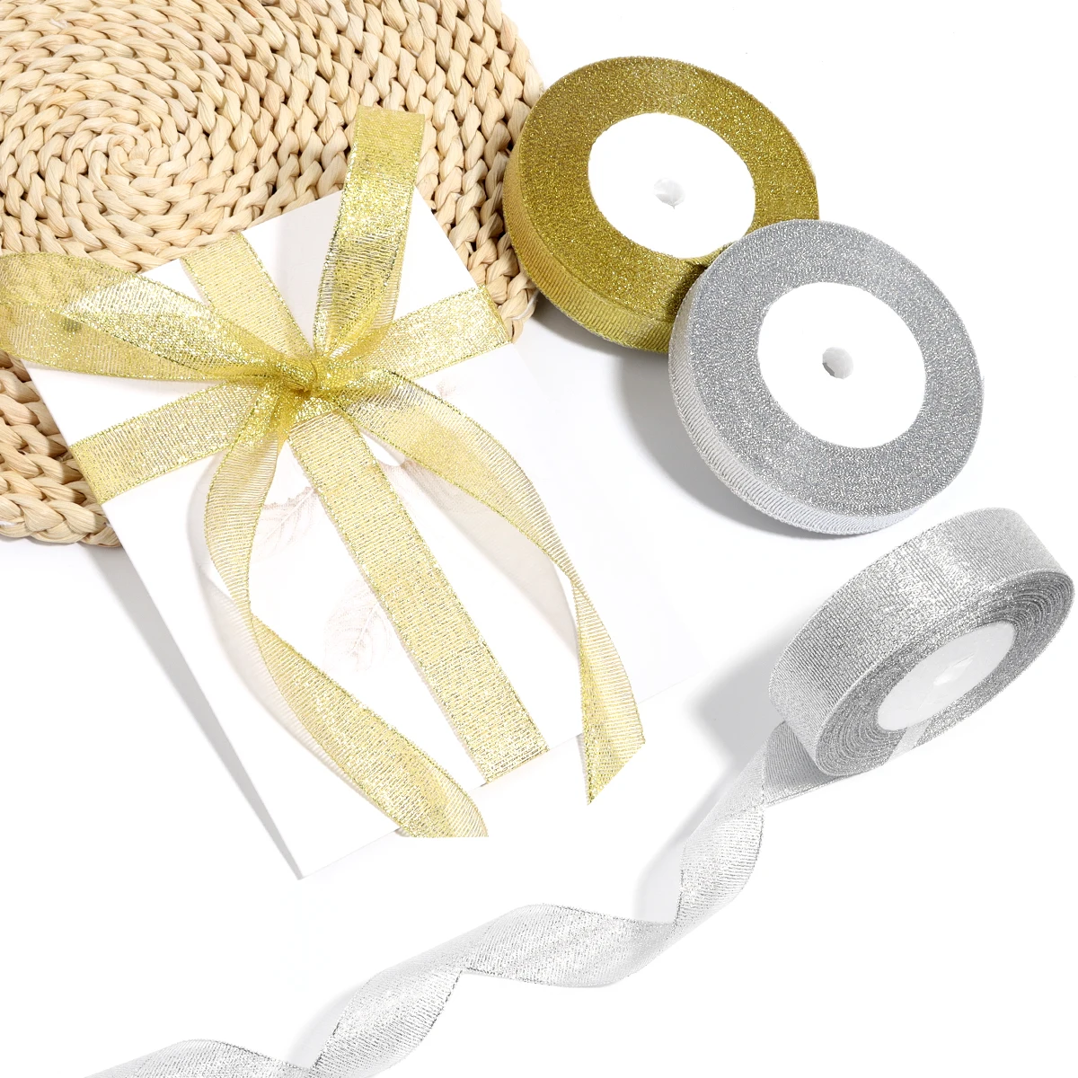 Silver Gold Glitter Silk Satin Ribbon for Party and Home Decorations - 25 Yards