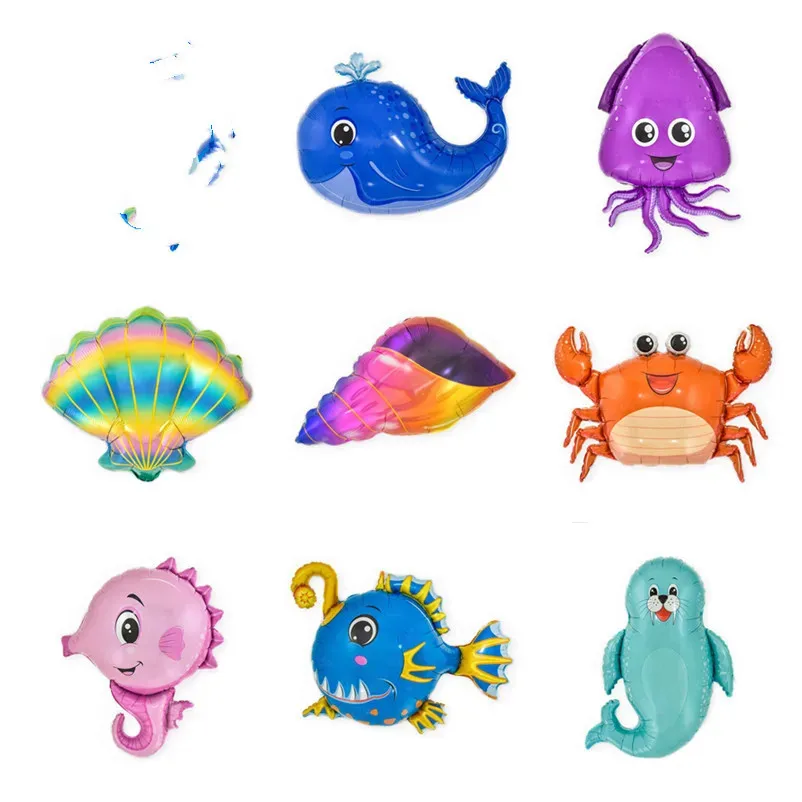 New Ocean Series Lantern Fish Seahorse Crab Shell Conch Shark Whale Cartoon  Aluminum Balloon Birthday Party Decoration Wholesale