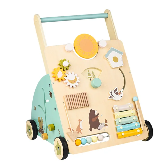 Wooden Baby Walker Push Toy Learning Walking Assistant First Steps Helper with Activity Blocks Natural Wood Toddler Walking 5