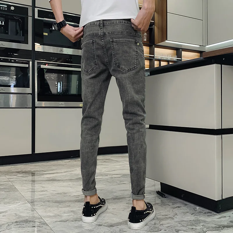Denim Jeans Men's Korean Trendy Slim Feet 2022 Summer Thin Ripped Hole Wild Brand Casual Ankle Length Pants