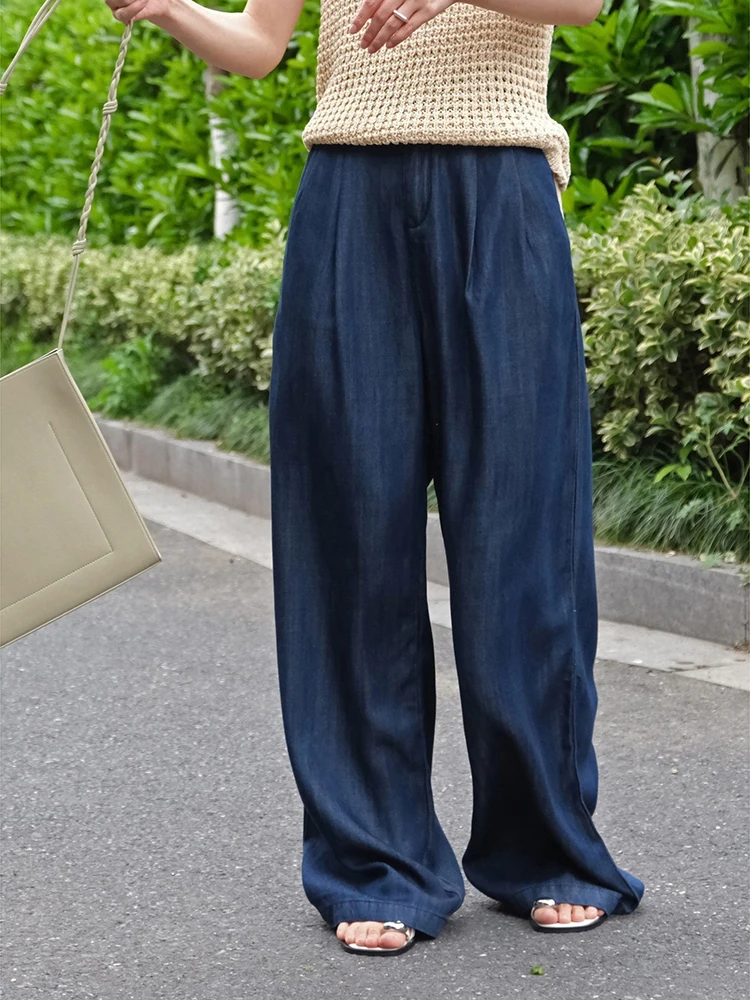 [LANMREM] Vintage Sunscreen Jeans For Women Elastic High Waist Straight Wide Leg Pants Loose Trousers 2024 Summer New 26D9123