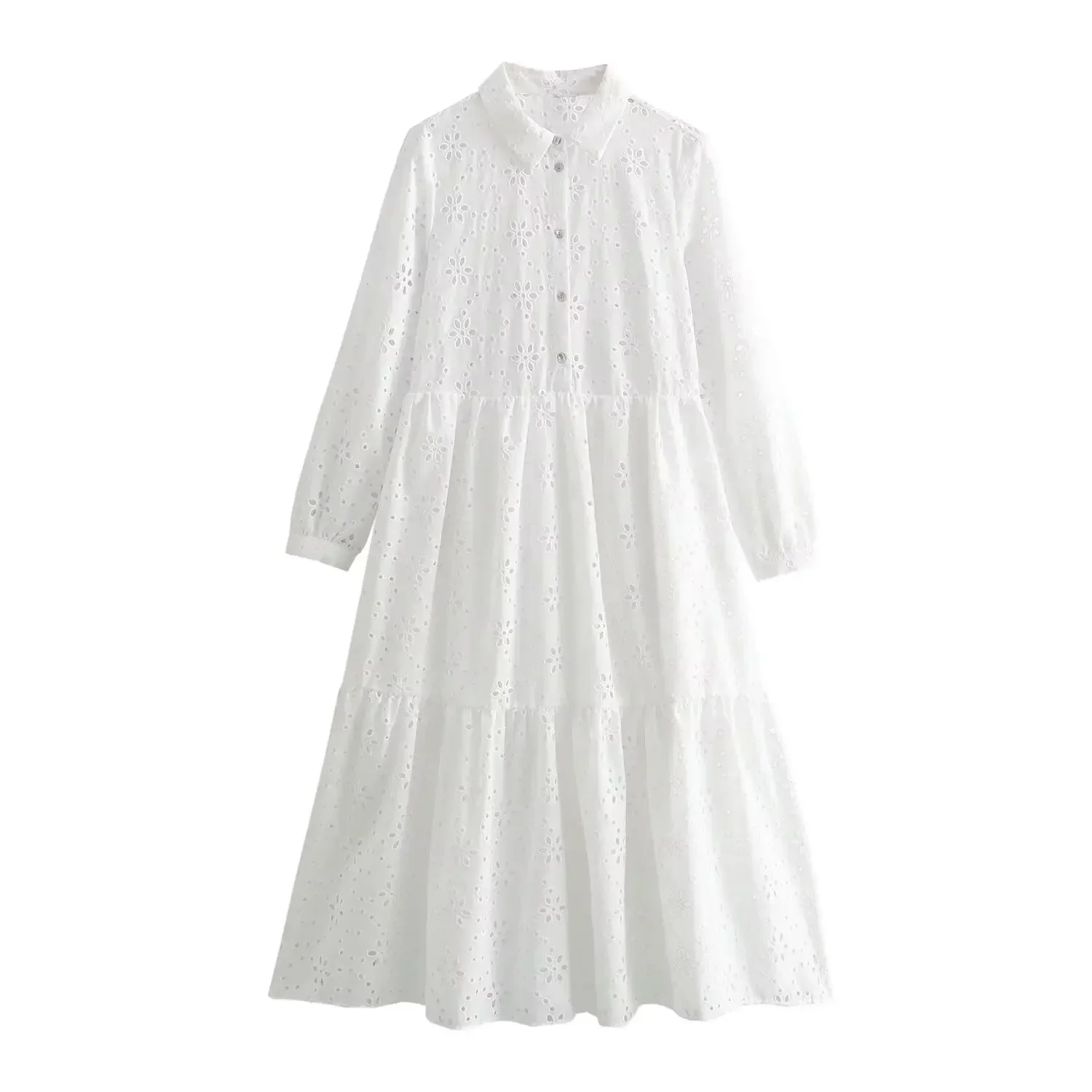 

Women's New Unique Fashion Hollow out Embroidery Decorative Shirt Style Midi Dress Retro Long Sleeve Button Women's Dress Mujer