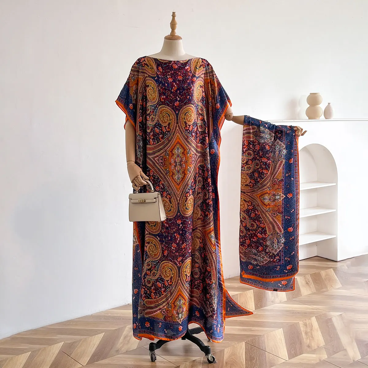 NEW Fashion Summer Dress With Big Scarf Dubai Turkey Kaftan Muslim Loose Abaya Women African Casual Leopard Print Shawl Robe