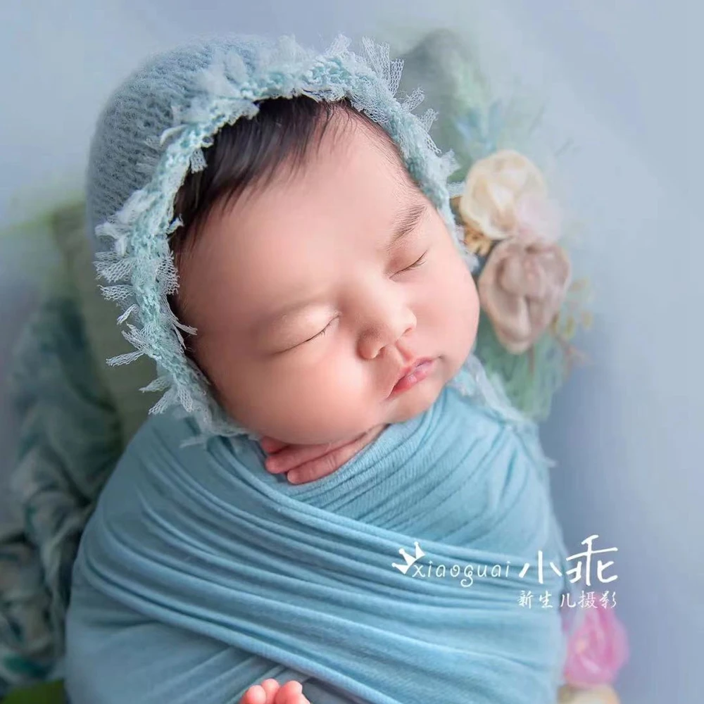 Mohair Baby Girl Hat with Lace Newborn Photography Props Crochet Baby Girl Bonnet Fotoshooting Newborn Hat Infant Accessories 5