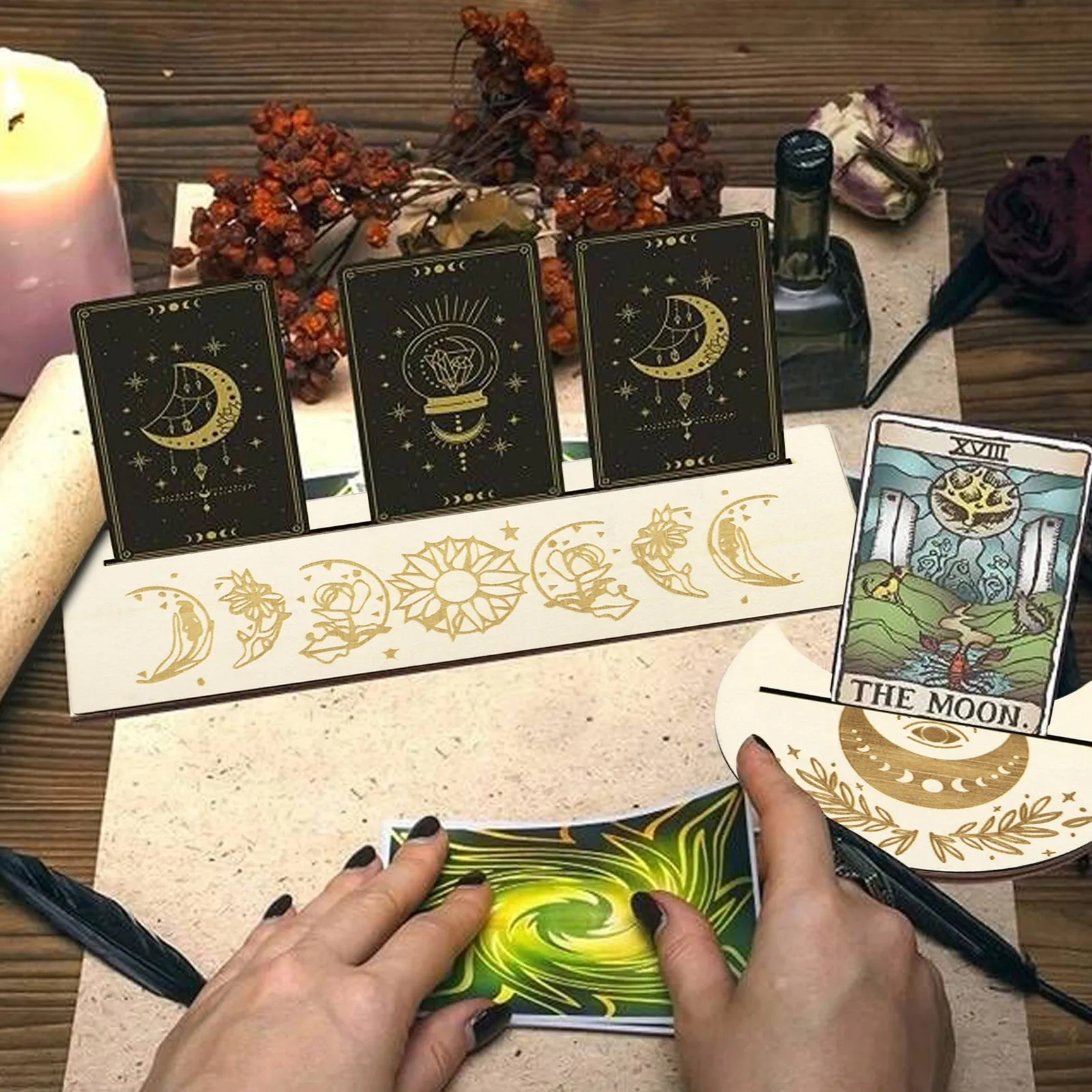 

Wooden Moon Rectangle Tarot Card Stand Alter Display Holder Altar Supplies for Home Bedroom Office Decoration Divination Tools